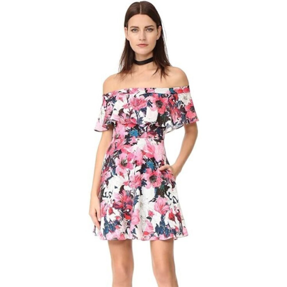 Black Halo Floral Off Shoulder Ruffle Mini Dress Sz 6 - Picture 2 of 7